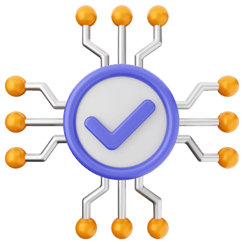 A check mark on a circuit board with orange and blue circles png