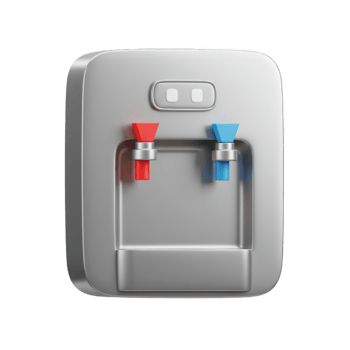 Modern Silver Water Cooler Dispenser with Red and Blue Buttons for Hot and Cold Water png