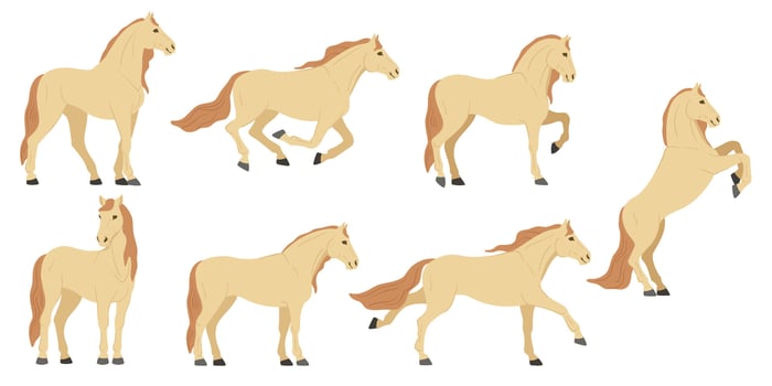 Cartoon horse. Prancing stallion, steed run gallop and graceful equine poses. Elegant beige horses equestrian farm animal illustration isolated set vector