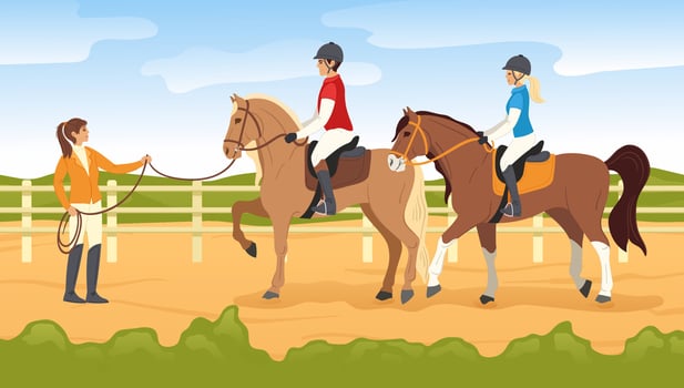 Horse riding lessons. Equestrian sport, jockey training and couple horse ride with riding instructor. Horseback rider school cartoon illustration vector
