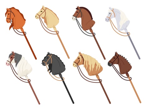 Hobby horsing sticks. Children toy with horse head on wooden stick, trendy kids equestrian sport and animal galloping and riding equipment. Stick horses isolated cartoon illustration set vector