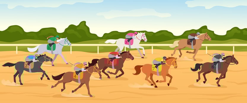 Cartoon hippodrome competition. Horse race track with jockey riding horses, equestrian sport and horse riders compete. Fast galloping tournament illustration vector