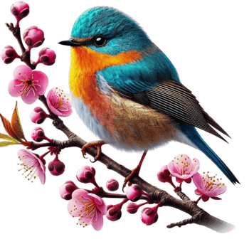Bright and Colorful Bird on Cherry Blossom Branch png