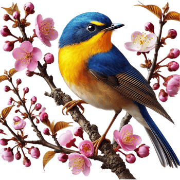 Yellow and Blue Bird on Blossoming Branch png