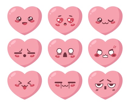 Cute heart character manga emoji set. Heart cartoon mascot emoji icons vector