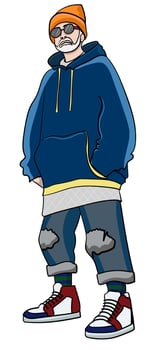 Pencil drawing of a cool teenager with a vintage outfit standing in the street. vector