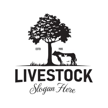 Vintage Style Logo with Big Tree Silhouette that shade cows, sheep and chickens, This logo is suitable for livestock, agribusiness, meat products, dairy companies vector