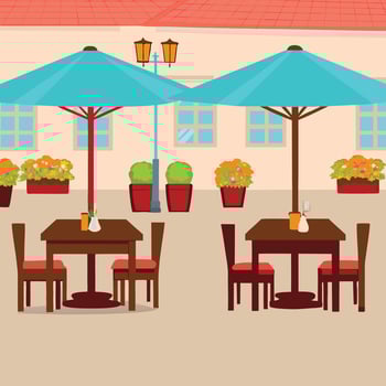 outdoor cafe seating illustration, cozy restaurant patio with umbrellas, tables, and flowers in a courtyard vector