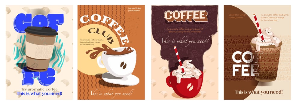 Coffee cover typography template for advertising design. Food posters and greeting cards with hot cappuccino or espresso in paper cups and mugs, fresh caffeine drink with cream. illustration. vector