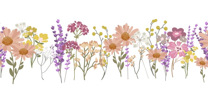 Seamless floral border with wildflowers and herbs botanical elements. Spring decoration perfect for greeting cards, invitations, packaging, textile prints, wallpaper,and web design. illustration vector