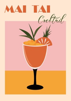 Mai Tai cocktail retro style poster with exotic red pink alcohol drink in glass garnished with orange wheel and green leaves. vector
