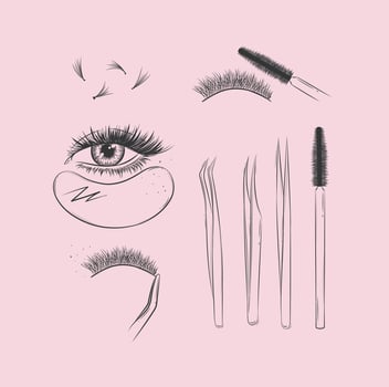 Lashes treatment studio tools collection drawing with black on pink background vector