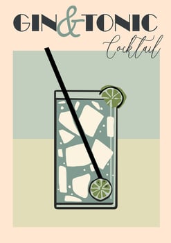 Gin and Tonic Cocktail retro poster with tall glass full of ice cubes and lime wheel. vector