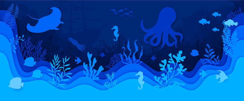 Paper cut blue underwater landscape with sea animals vector