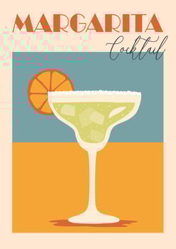 Margarita Cocktail poster in retro style with alcohol drink glass garnished with orange wheel. vector
