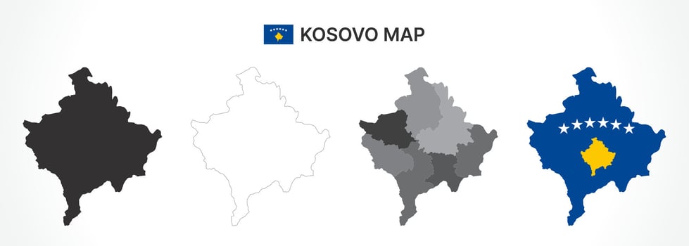 Detailed Kosovo Map Collection with Outline, Silhouette, Municipalities, and Flag Overlay Variations vector