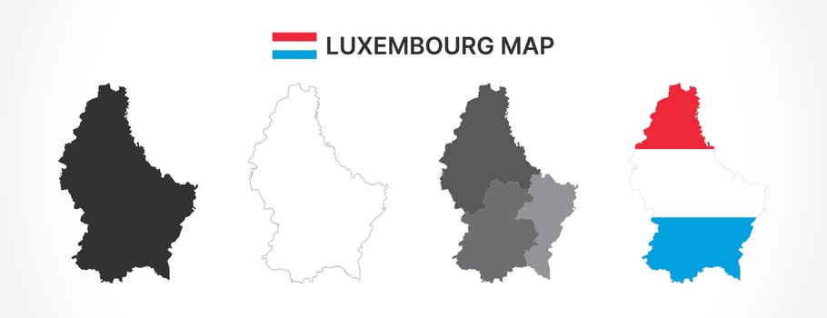 Detailed Luxembourg Map Collection with Outline, Silhouette, Districts, and Flag Overlay Variations vector