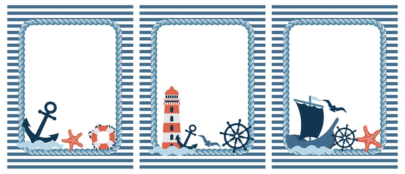 Set of marine frames with anchor, lighthouse, steering wheel, starfish and seagulls on striped background. Illustration vector