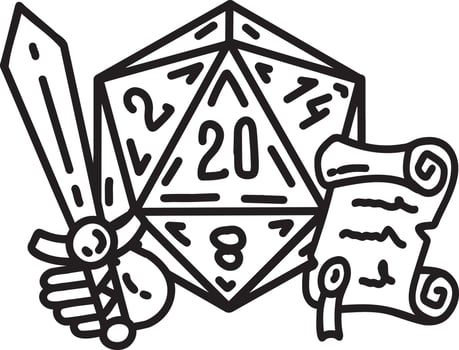 DND Dice with sword and shield. Rpg game character. Fantasy icosahedron wargame. 20-sided tabletop icon, cartoon style on white background vector