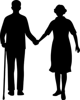 Elderly Couple Silhouette Walking Holding Hands Romantic Illustration vector
