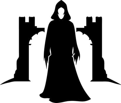Mysterious Hooded Figure Silhouette with Gothic Arches for Halloween Decor vector