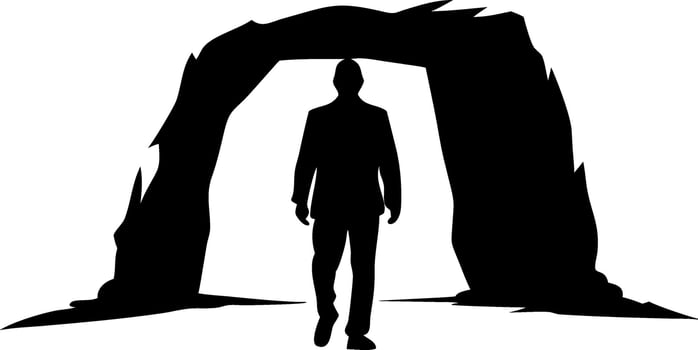 Mysterious Silhouette Man Walking Through Cave Entrance Art vector