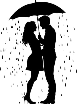 Romantic Couple Silhouette Under Umbrella in Rain Illustration vector