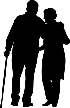 Senior Couple Silhouette Walking with Cane Elderly Caregiver Support vector
