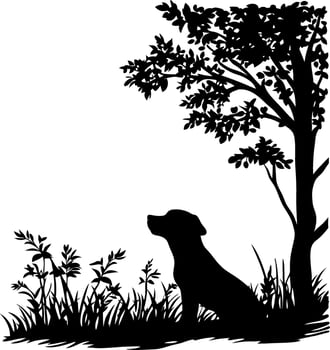 Silhouette of Dog Sitting Under Tree in Nature Scene for Art Projects vector