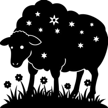 Starry Sheep Silhouette Grazing in Floral Meadow Illustration vector