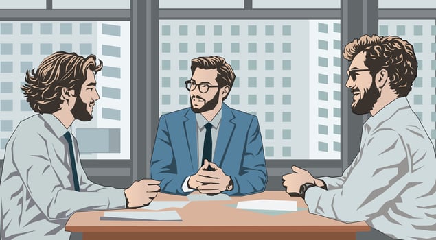 Young executive brainstorming meeting at the office, illustration. vector
