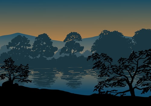 Riverside sunset scenery illustration with woodland vector