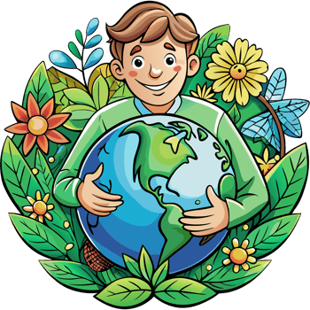 Man hugging the planet with eco-friendly leaves and flowers png