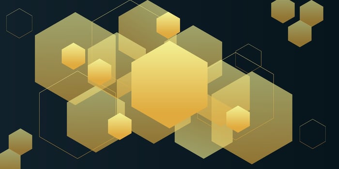 Abstract 3D background with gold color. Hexagonal pattern overlay shapes. Cool design on dark background. Eps10 vector