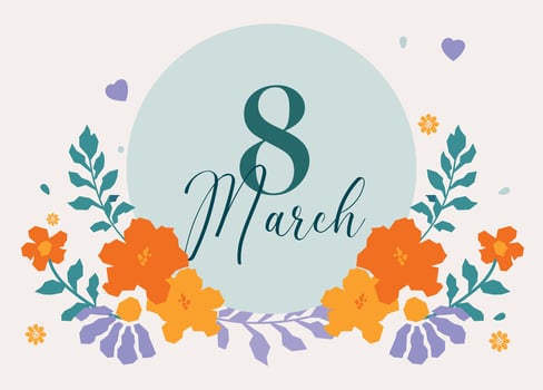 Banner for 8 March featuring a floral arrangement with decorative flowers and ornamental elements surrounding the text on a light background. vector