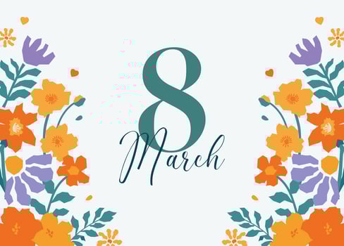 Banner for 8 March featuring a symmetrical floral arrangement framing elegant typography on a light background. vector