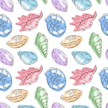 Seamless seashell pattern in flat style. Hand drawn summer sea themed design for textile, wrapping, card on white background. vector