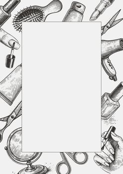 Hand drawn style beauty industry items design frame vector