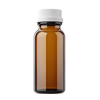 Clear amber bottle with a white cap, perfect for liquids. png