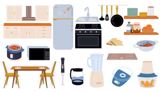 Kitchen elements. Kitchen appliances, refrigerator, dish shelf, countertop, dining table, sink, shelves, stove, vector