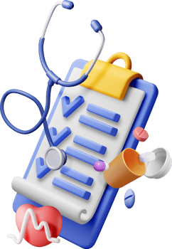 3d clipboard with check, stethoscope and pills png