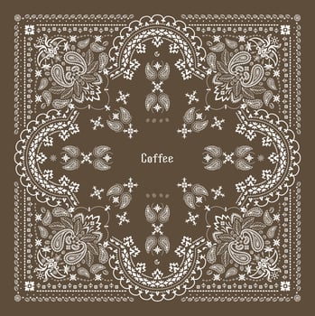 Coffee Bandana Print. Silk neck scarf or kerchief square pattern designfestival fashion, bound cloth, accessory vector