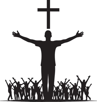 A silhouette of a man with arms raised in front of a cross vector