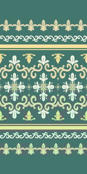 Elaborate Ornate Scroll Chinese Blossom and Lily Embroidery Pattern on Green Jade Background. Fleur de lis Victorian Border Design for Luxury Opulence Style Decoration Rich Damask Men's Wear Fabrics vector
