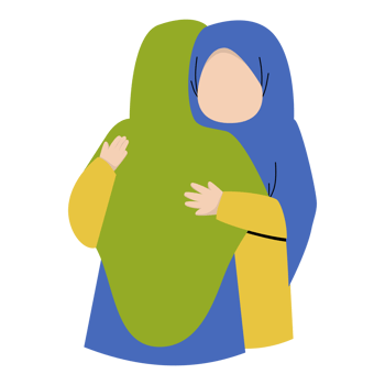 Two hijab-wearing women embrace each other Illustration png
