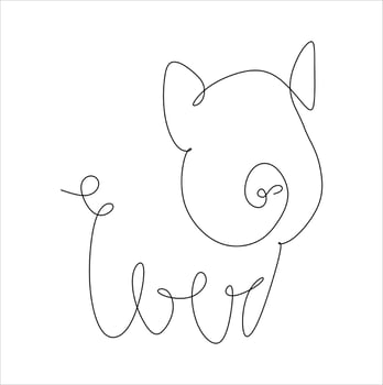 This minimalist illustration features a pig drawn with a single continuous line. Its playful and creative design uses simple loops and a spiral to represent the pigs body, legs, and tail vector