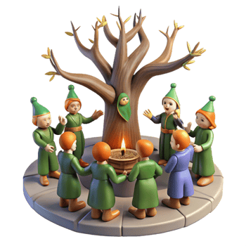 Enchanted Tree Ceremony Mythical Figures Gather Around a Sacred Flame png