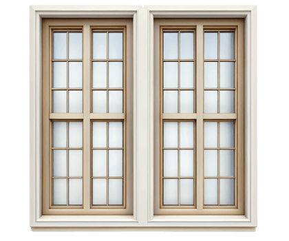 Two windows with white trim and brown trim png