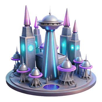 wonderful vintage Futuristic Cityscape Neon Towers and Dome Structures high resolution png