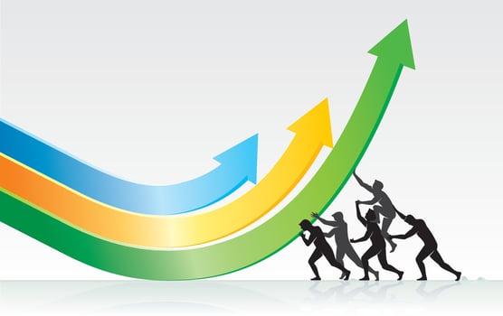 Business people climbing up an arrow chart vector